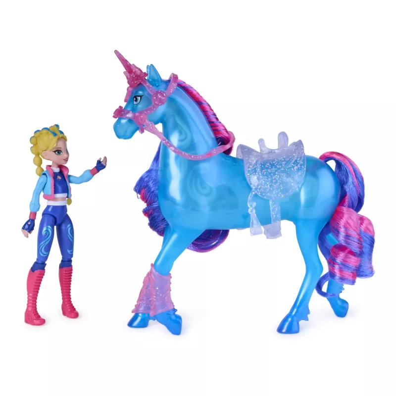Unicorn Academy, Train & Glow Świecący Jednorożec River z Isabel, Pomysł na Prezent Wielkanocny, Lalki i Zabawki z Jednorożcami dla Dziewczynek, Zawiera 3 Akcesoria Treningowe