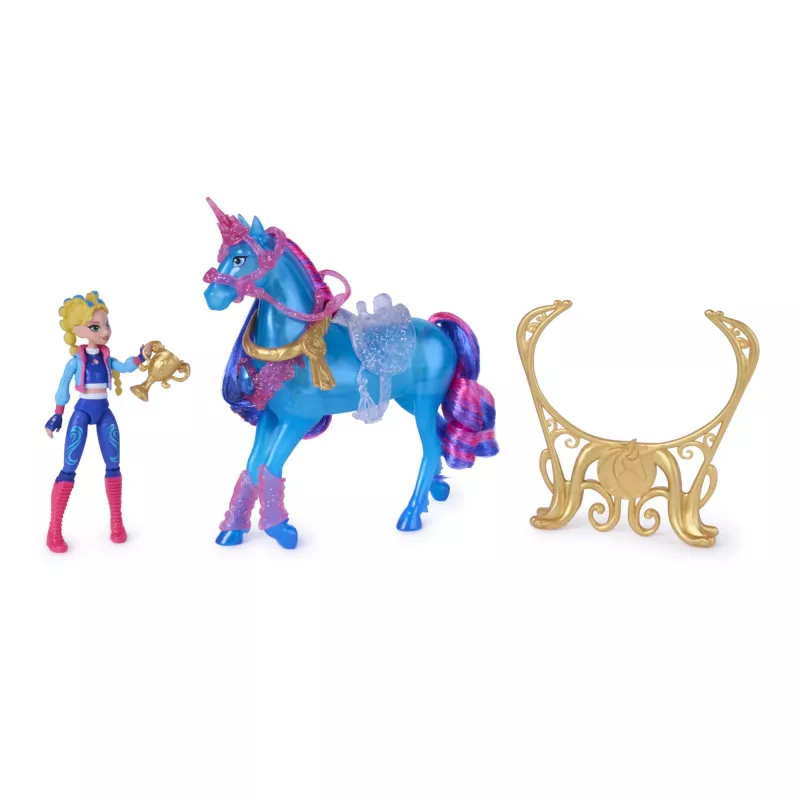 Unicorn Academy, Train & Glow Świecący Jednorożec River z Isabel, Pomysł na Prezent Wielkanocny, Lalki i Zabawki z Jednorożcami dla Dziewczynek, Zawiera 3 Akcesoria Treningowe