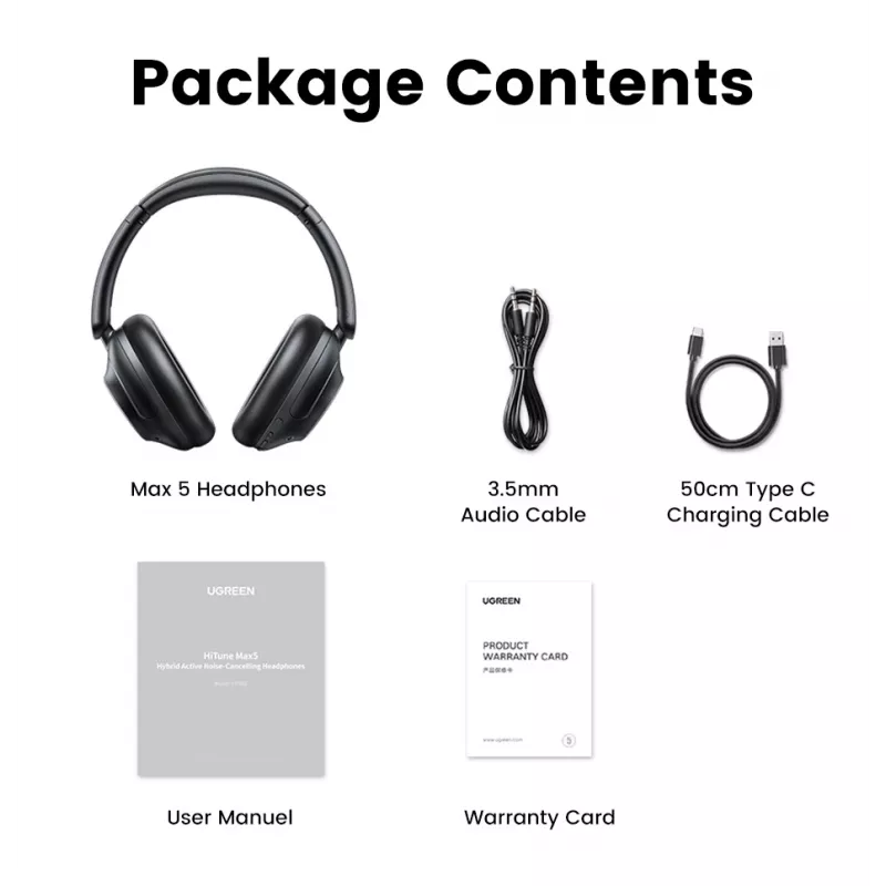 Ugreen HiTune Max5 Headset przewodowy i bezprzewodowy Nauszny Rozmowy/Muzyka Bluetooth Czarny