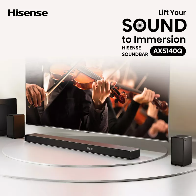 Soundbar Hisense AX5140Q 5.1.4 Dolby Atmos, 600 W RMS, subwoofer bezprzewodowy 280 W, czarny