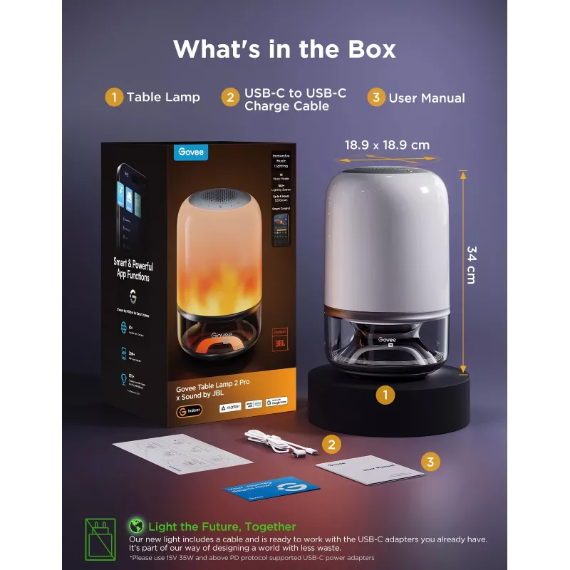 Lampa stołowa Govee H6020 Table Lamp 2 Pro Sound by JBL — RGBIC + ciepła biel, 600 lm, Wi‑Fi i Bluetooth, 5200 mAh