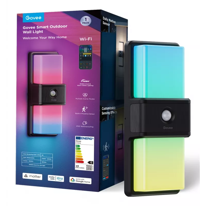 Lampa ścienna zewnętrzna Govee H7078CD1 Smart RGB zmieniająca kolory, sterowanie Wi‑Fi/Smart