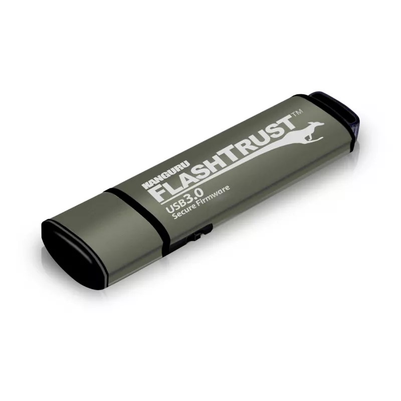 Kanguru FlashTrust™ USB 3.0 128 GB | Bezpieczny pendrive | Bezpieczne oprogramowanie sprzętowe | Fizyczny przełącznik ochrony przed zapisem | Ochrona przed BadUSB | Zgodność z wymaganiami NIST dotyczącymi wdrożenia