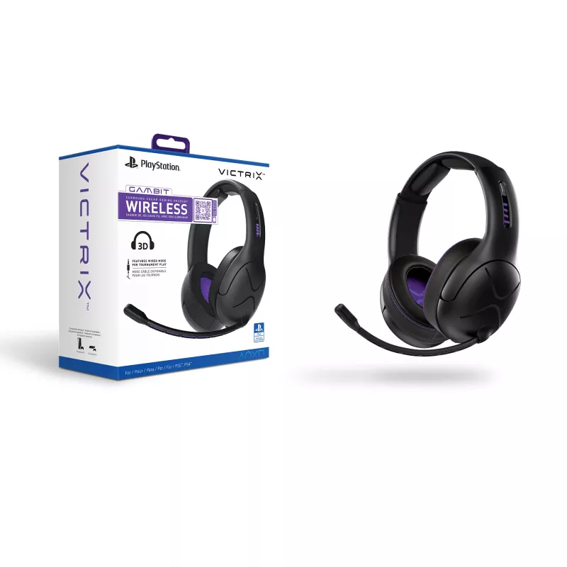 Zestaw słuchawkowy VICTRIX Gambit Wireless — przewodowy i bezprzewodowy, 20–20000 Hz, kabel 2 m, 301 g, czarno-fioletowy