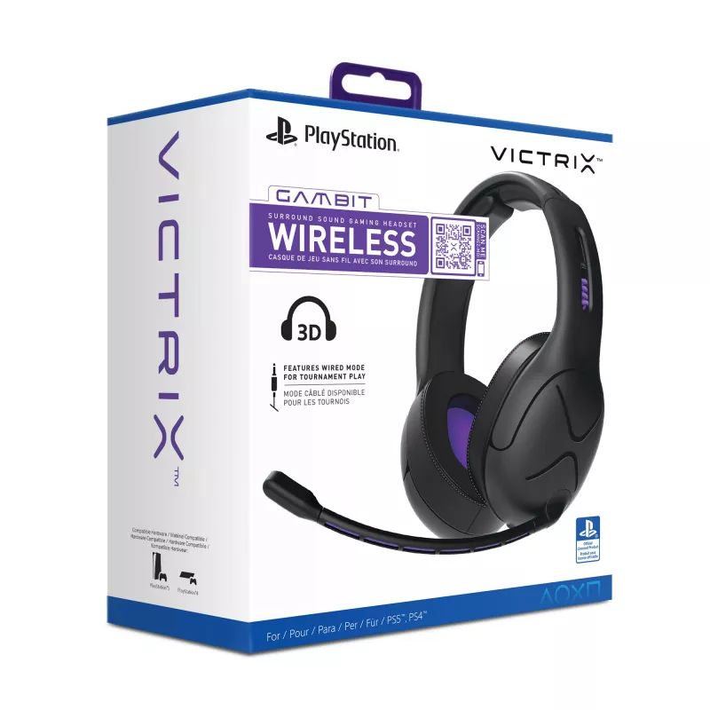 Zestaw słuchawkowy VICTRIX Gambit Wireless — przewodowy i bezprzewodowy, 20–20000 Hz, kabel 2 m, 301 g, czarno-fioletowy