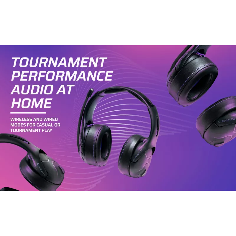 Zestaw słuchawkowy VICTRIX Gambit Wireless — przewodowy i bezprzewodowy, 20–20000 Hz, kabel 2 m, 301 g, czarno-fioletowy