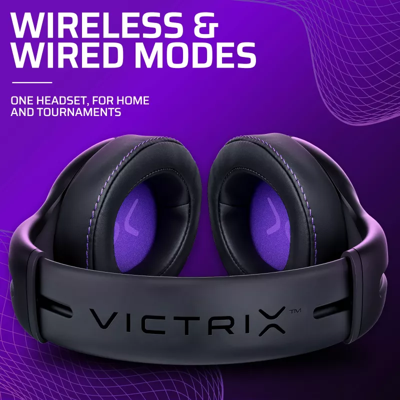 Zestaw słuchawkowy VICTRIX Gambit Wireless — przewodowy i bezprzewodowy, 20–20000 Hz, kabel 2 m, 301 g, czarno-fioletowy