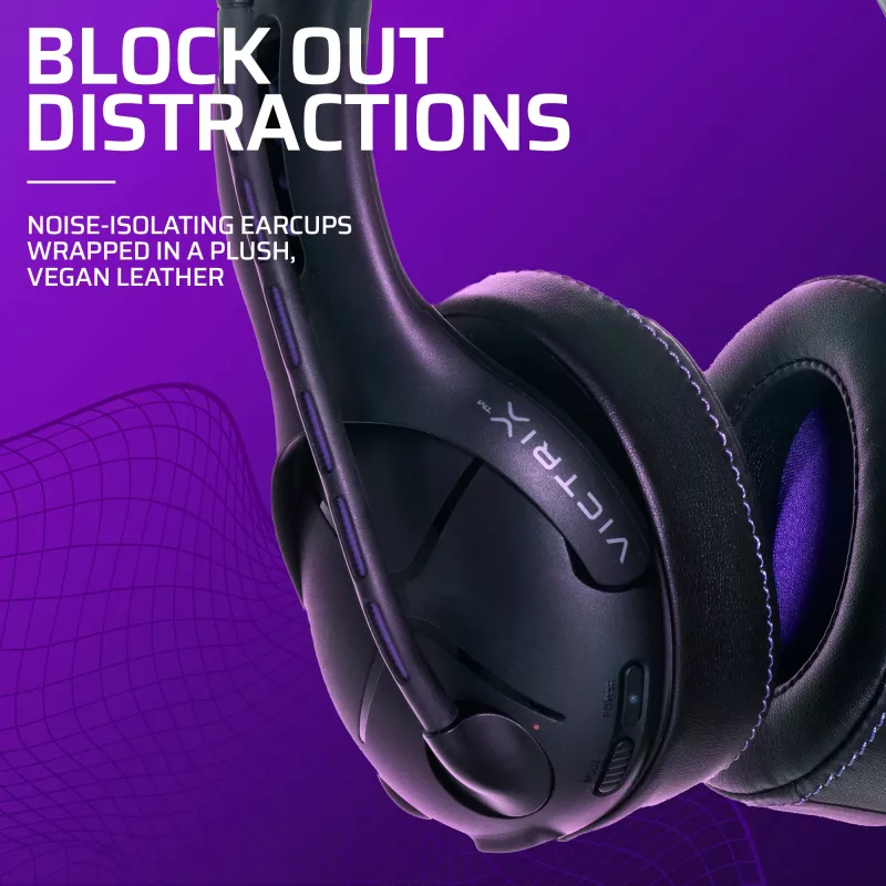 Zestaw słuchawkowy VICTRIX Gambit Wireless — przewodowy i bezprzewodowy, 20–20000 Hz, kabel 2 m, 301 g, czarno-fioletowy