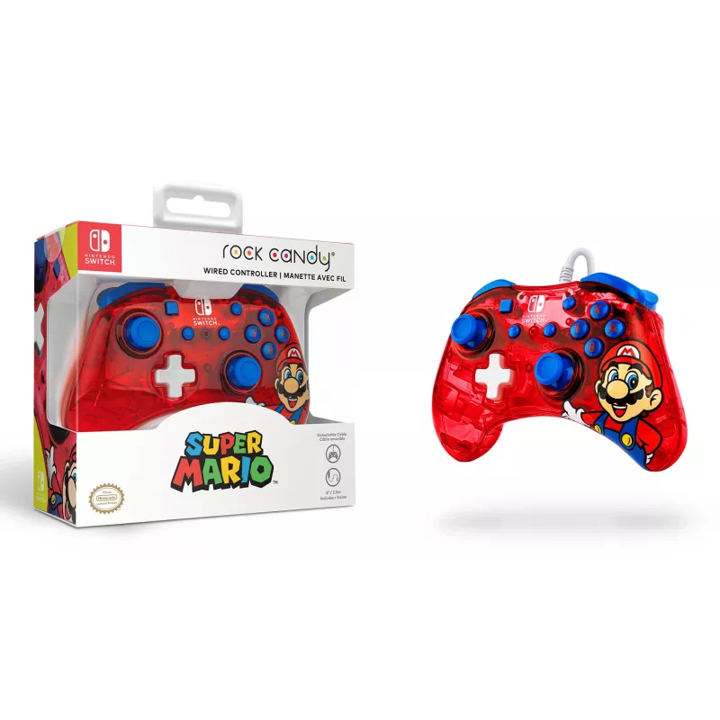 PDP Rock Candy: Mario Punch Czerwony, Półprzezroczysty Kontroler USB do Gier Analogowy / Cyfrowy Nintendo Switch, Nintendo Switch Lite, Nintendo Switch OLED