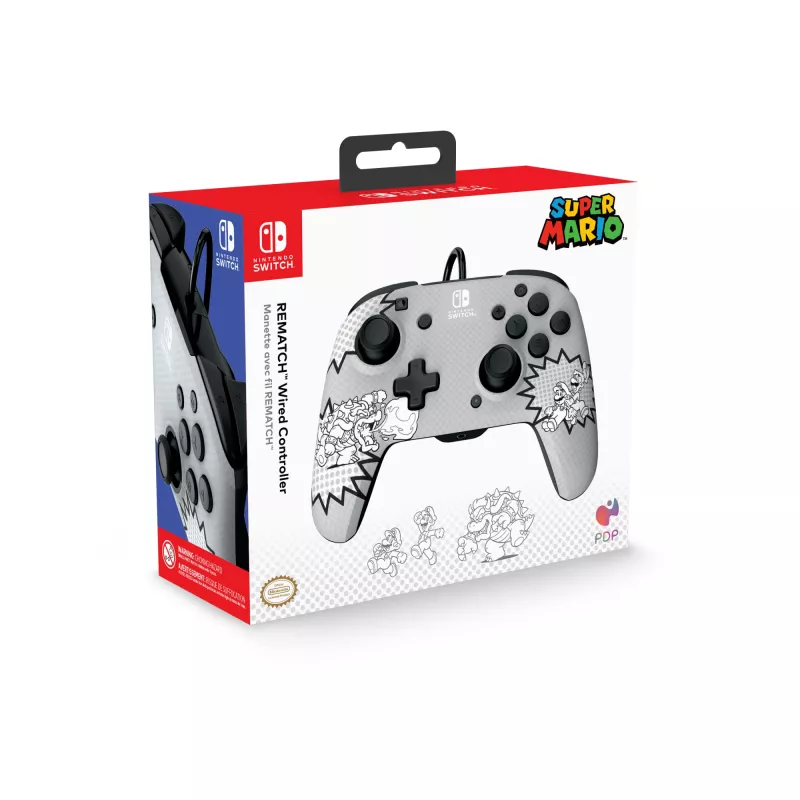 PDP REMATCH: Comic Attack Czarny, Szary, Biały Pad USB Analogowy / Cyfrowy Nintendo Switch, Nintendo Switch OLED