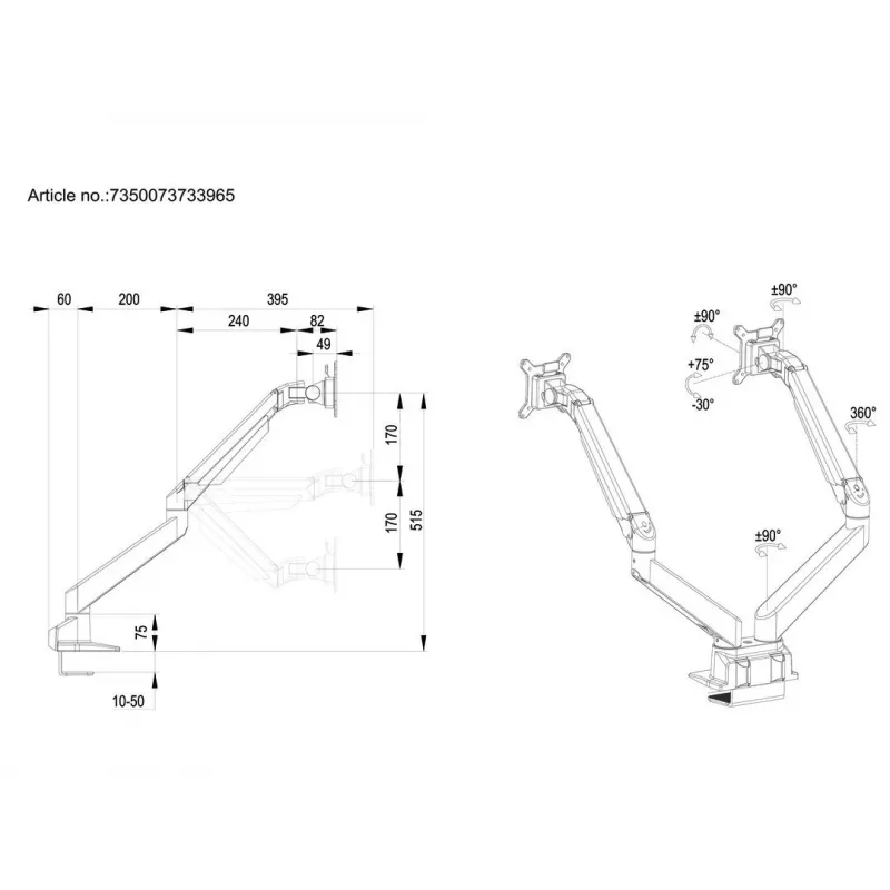 Multibrackets M VESA Gas Lift Arm Dual Side by Side Czarny Clamp 20 kg 15-32 inch