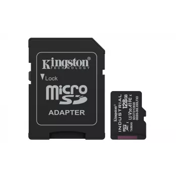 Karta pamięci MicroSDXC Kingston 128 GB Industrial C10 A1 pSLC UHS-I, odczyt 100 MB/s, zapis 80 MB/s, V30/U3, czarna + adapter SD