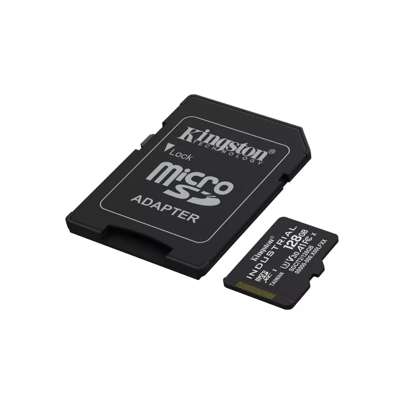 Karta pamięci MicroSDXC Kingston 128 GB Industrial C10 A1 pSLC UHS-I, odczyt 100 MB/s, zapis 80 MB/s, V30/U3, czarna + adapter SD