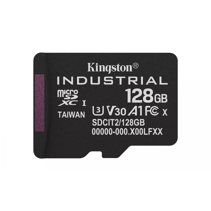 Karta pamięci MicroSDXC Kingston 128 GB Industrial C10 A1 pSLC UHS-I, odczyt 100 MB/s, zapis 80 MB/s, V30/U3, czarna + adapter SD