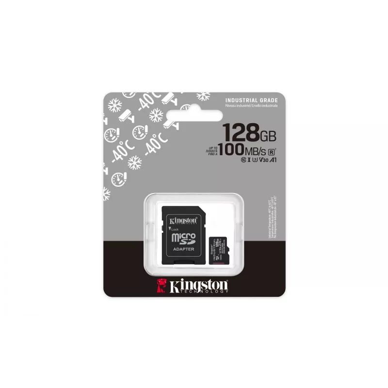 Karta pamięci MicroSDXC Kingston 128 GB Industrial C10 A1 pSLC UHS-I, odczyt 100 MB/s, zapis 80 MB/s, V30/U3, czarna + adapter SD