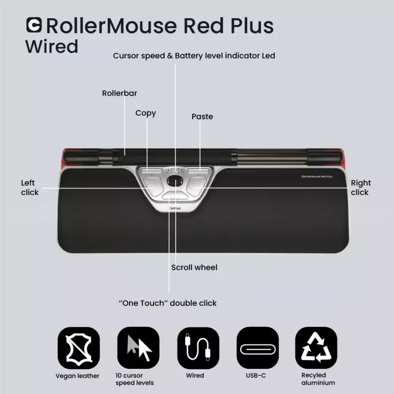 Contour Design Rollermysz czerwony Plus, Klient cienki, Przewodowy - Centralne urządzenie wskazujące - ergonomiczne - dla prawo- i leworęcznych - przewodowe - USB-C