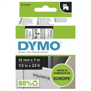 Autentyczne etykiety DYMO D1 | Czarny nadruk na przezroczystej taśmie | 12 mm x 7 m | Samoprzylepne etykiety do drukarek etykiet LabelManager | Wyprodukowano w Europie