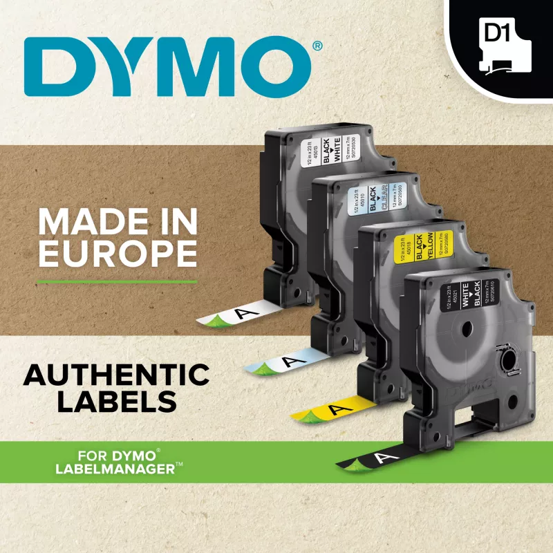 Autentyczne etykiety DYMO D1 | Czarny nadruk na przezroczystej taśmie | 12 mm x 7 m | Samoprzylepne etykiety do drukarek etykiet LabelManager | Wyprodukowano w Europie