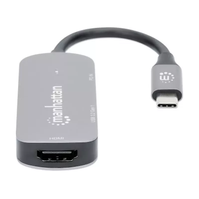 Manhattan USB-C Dock/Hub, Porty (x3): HDMI, USB-A i USB-C, z Power Delivery (PD) 100 W - wymaga zewnętrznej ładowarki USB-C (nie dołączona). Zasilany przez USB (nie wymaga zewnętrznego zasilacza), gdy PD nie jest używane, Aluminium