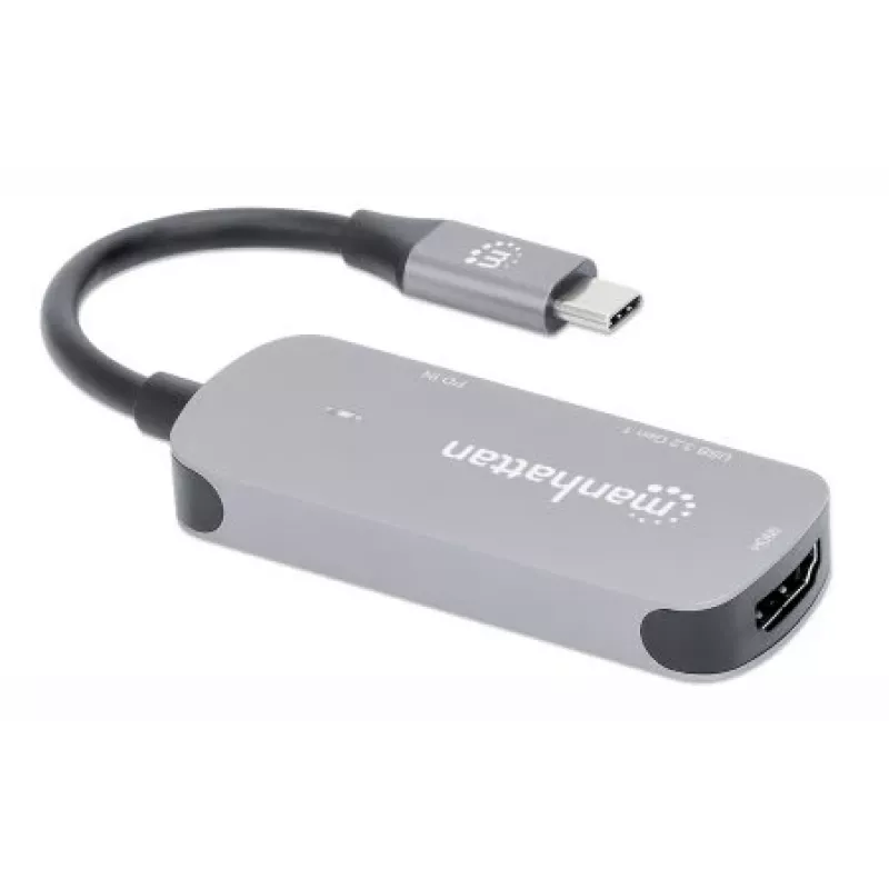 Manhattan USB-C Dock/Hub, Porty (x3): HDMI, USB-A i USB-C, z Power Delivery (PD) 100 W - wymaga zewnętrznej ładowarki USB-C (nie dołączona). Zasilany przez USB (nie wymaga zewnętrznego zasilacza), gdy PD nie jest używane, Aluminium