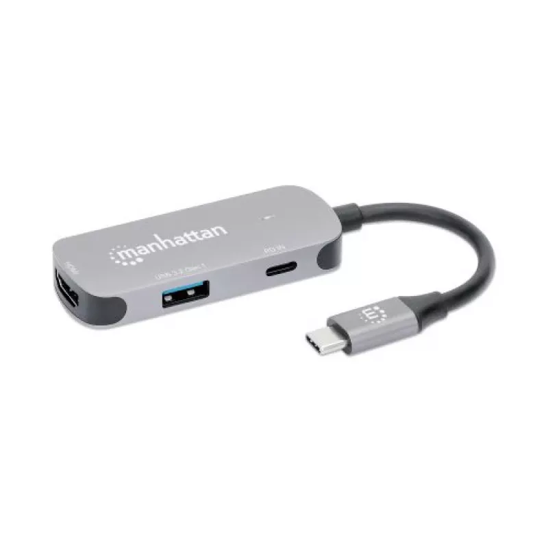 Manhattan USB-C Dock/Hub, Porty (x3): HDMI, USB-A i USB-C, z Power Delivery (PD) 100 W - wymaga zewnętrznej ładowarki USB-C (nie dołączona). Zasilany przez USB (nie wymaga zewnętrznego zasilacza), gdy PD nie jest używane, Aluminium