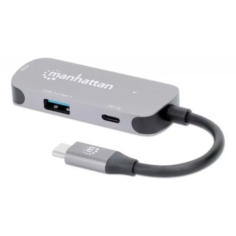 Manhattan USB-C Dock/Hub, Porty (x3): HDMI, USB-A i USB-C, z Power Delivery (PD) 100 W - wymaga zewnętrznej ładowarki USB-C (nie dołączona). Zasilany przez USB (nie wymaga zewnętrznego zasilacza), gdy PD nie jest używane, Aluminium