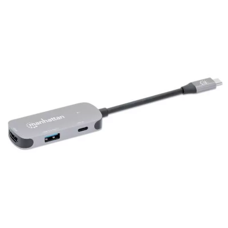 Manhattan USB-C Dock/Hub, Porty (x3): HDMI, USB-A i USB-C, z Power Delivery (PD) 100 W - wymaga zewnętrznej ładowarki USB-C (nie dołączona). Zasilany przez USB (nie wymaga zewnętrznego zasilacza), gdy PD nie jest używane, Aluminium