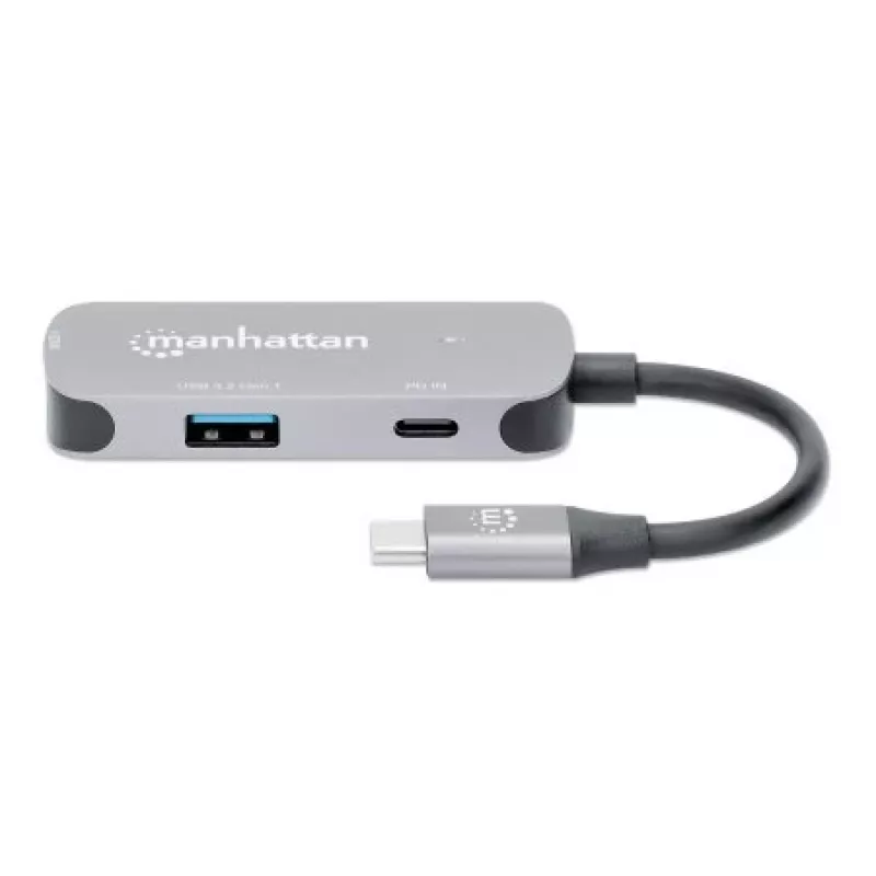 Manhattan USB-C Dock/Hub, Porty (x3): HDMI, USB-A i USB-C, z Power Delivery (PD) 100 W - wymaga zewnętrznej ładowarki USB-C (nie dołączona). Zasilany przez USB (nie wymaga zewnętrznego zasilacza), gdy PD nie jest używane, Aluminium