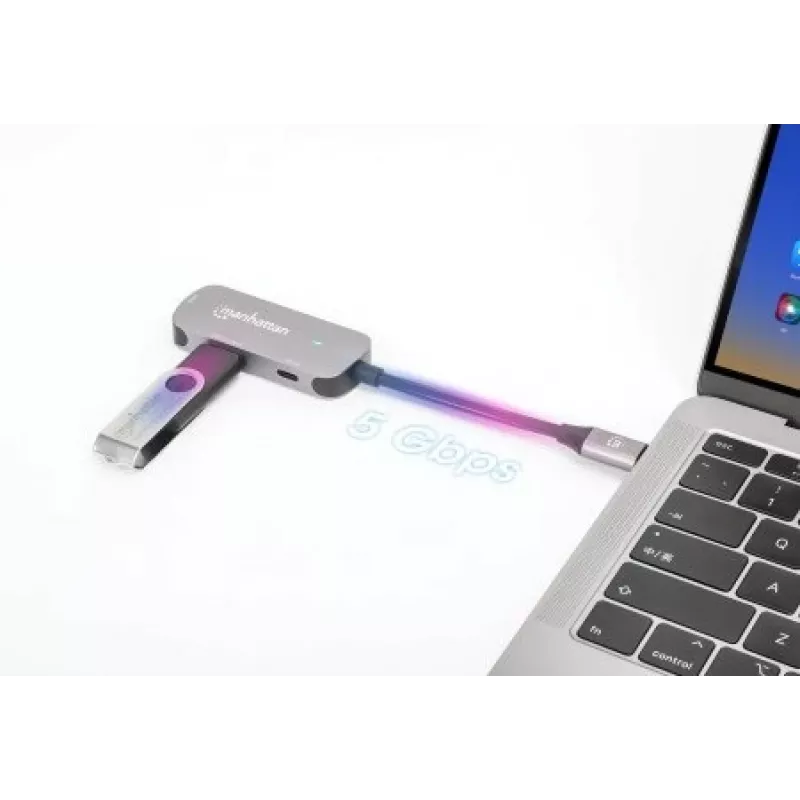 Manhattan USB-C Dock/Hub, Porty (x3): HDMI, USB-A i USB-C, z Power Delivery (PD) 100 W - wymaga zewnętrznej ładowarki USB-C (nie dołączona). Zasilany przez USB (nie wymaga zewnętrznego zasilacza), gdy PD nie jest używane, Aluminium
