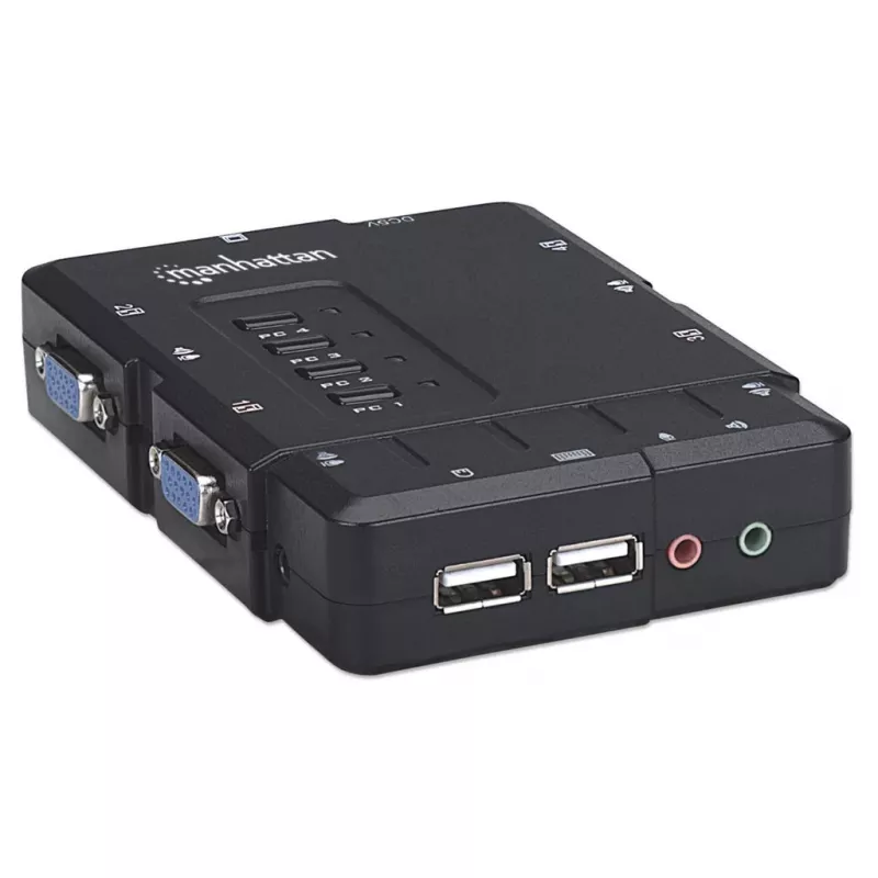 Manhattan KVM Switch Compact 4-Port, 4x USB-A, w komplecie kable, obsługa audio, sterowanie 4 komputerami za pomocą jednej myszy/klawiatury/ekranu, czarny, dożywotnia gwarancja, w opakowaniu