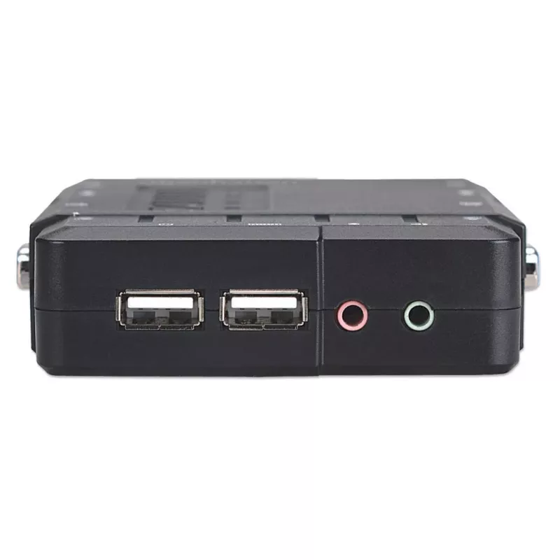 Manhattan KVM Switch Compact 4-Port, 4x USB-A, w komplecie kable, obsługa audio, sterowanie 4 komputerami za pomocą jednej myszy/klawiatury/ekranu, czarny, dożywotnia gwarancja, w opakowaniu