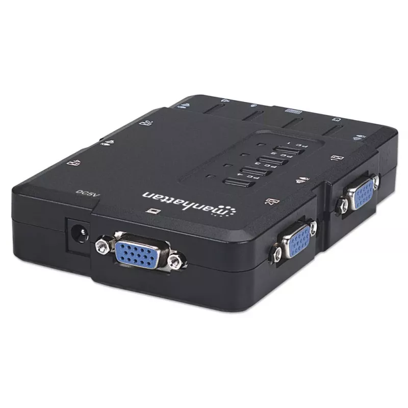 Manhattan KVM Switch Compact 4-Port, 4x USB-A, w komplecie kable, obsługa audio, sterowanie 4 komputerami za pomocą jednej myszy/klawiatury/ekranu, czarny, dożywotnia gwarancja, w opakowaniu
