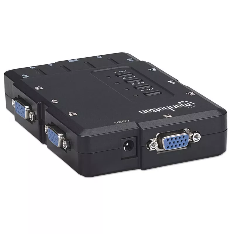 Manhattan KVM Switch Compact 4-Port, 4x USB-A, w komplecie kable, obsługa audio, sterowanie 4 komputerami za pomocą jednej myszy/klawiatury/ekranu, czarny, dożywotnia gwarancja, w opakowaniu
