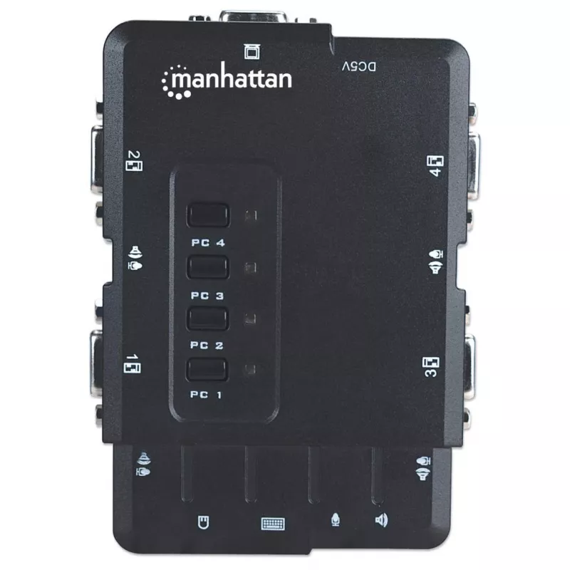 Manhattan KVM Switch Compact 4-Port, 4x USB-A, w komplecie kable, obsługa audio, sterowanie 4 komputerami za pomocą jednej myszy/klawiatury/ekranu, czarny, dożywotnia gwarancja, w opakowaniu