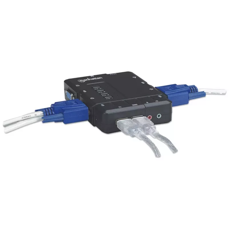Manhattan KVM Switch Compact 4-Port, 4x USB-A, w komplecie kable, obsługa audio, sterowanie 4 komputerami za pomocą jednej myszy/klawiatury/ekranu, czarny, dożywotnia gwarancja, w opakowaniu