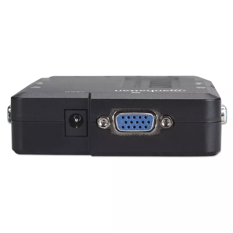 Manhattan KVM Switch Compact 4-Port, 4x USB-A, w komplecie kable, obsługa audio, sterowanie 4 komputerami za pomocą jednej myszy/klawiatury/ekranu, czarny, dożywotnia gwarancja, w opakowaniu