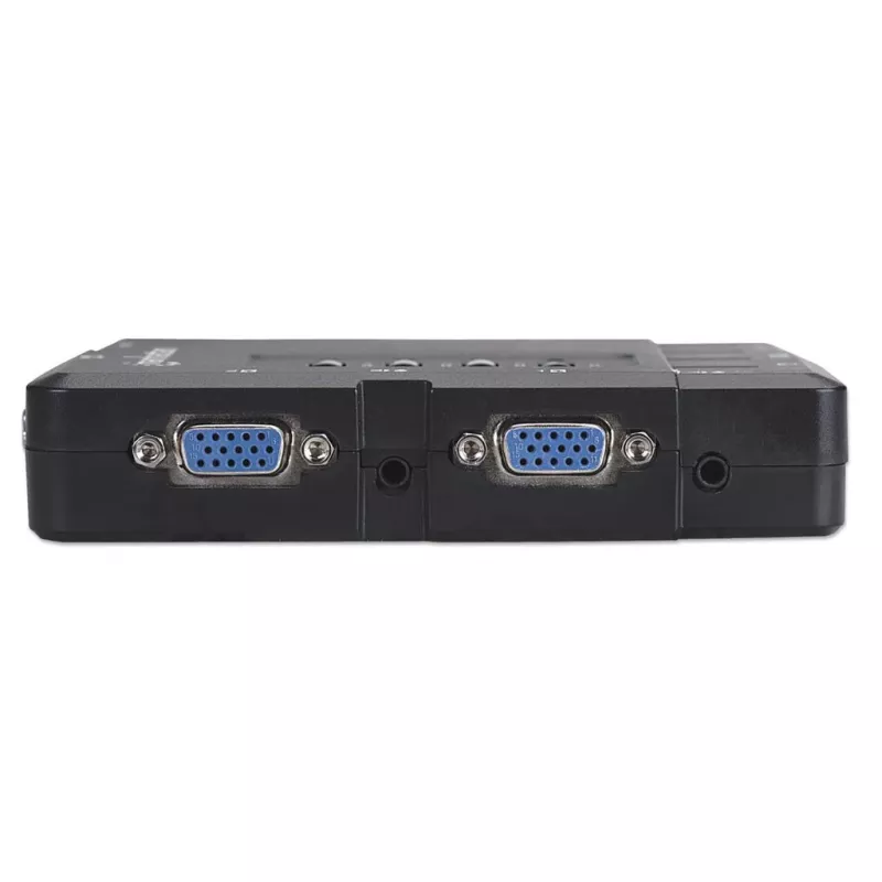 Manhattan KVM Switch Compact 4-Port, 4x USB-A, w komplecie kable, obsługa audio, sterowanie 4 komputerami za pomocą jednej myszy/klawiatury/ekranu, czarny, dożywotnia gwarancja, w opakowaniu