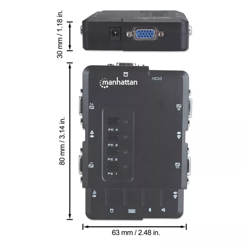 Manhattan KVM Switch Compact 4-Port, 4x USB-A, w komplecie kable, obsługa audio, sterowanie 4 komputerami za pomocą jednej myszy/klawiatury/ekranu, czarny, dożywotnia gwarancja, w opakowaniu