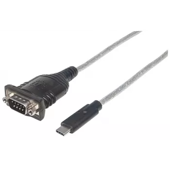 Konwerter Manhattan USB-C na szeregowy, męski na męski, USB-C na port szeregowy/RS232/COM/DB9, układ Prolific PL-2303RA, kabel 45 cm, srebrny/czarny, woreczek foliowy