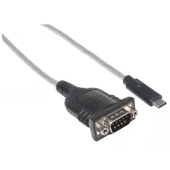 Konwerter Manhattan USB-C na szeregowy, męski na męski, USB-C na port szeregowy/RS232/COM/DB9, układ Prolific PL-2303RA, kabel 45 cm, srebrny/czarny, woreczek foliowy
