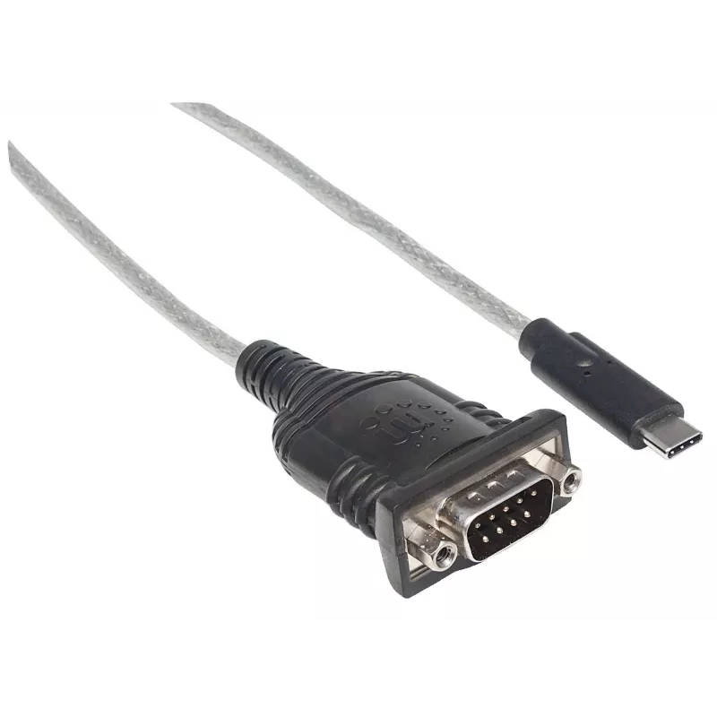 Konwerter Manhattan USB-C na szeregowy, męski na męski, USB-C na port szeregowy/RS232/COM/DB9, układ Prolific PL-2303RA, kabel 45 cm, srebrny/czarny, woreczek foliowy