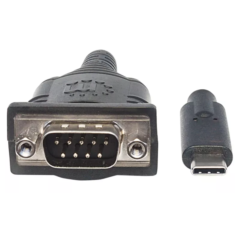 Konwerter Manhattan USB-C na szeregowy, męski na męski, USB-C na port szeregowy/RS232/COM/DB9, układ Prolific PL-2303RA, kabel 45 cm, srebrny/czarny, woreczek foliowy