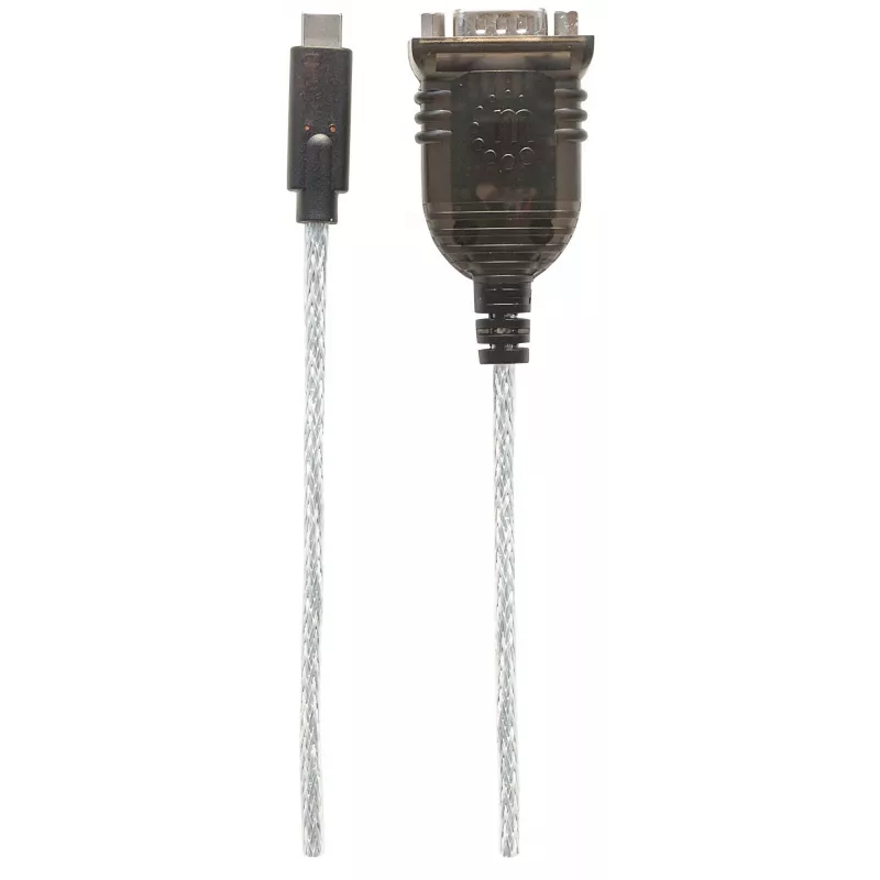 Konwerter Manhattan USB-C na szeregowy, męski na męski, USB-C na port szeregowy/RS232/COM/DB9, układ Prolific PL-2303RA, kabel 45 cm, srebrny/czarny, woreczek foliowy