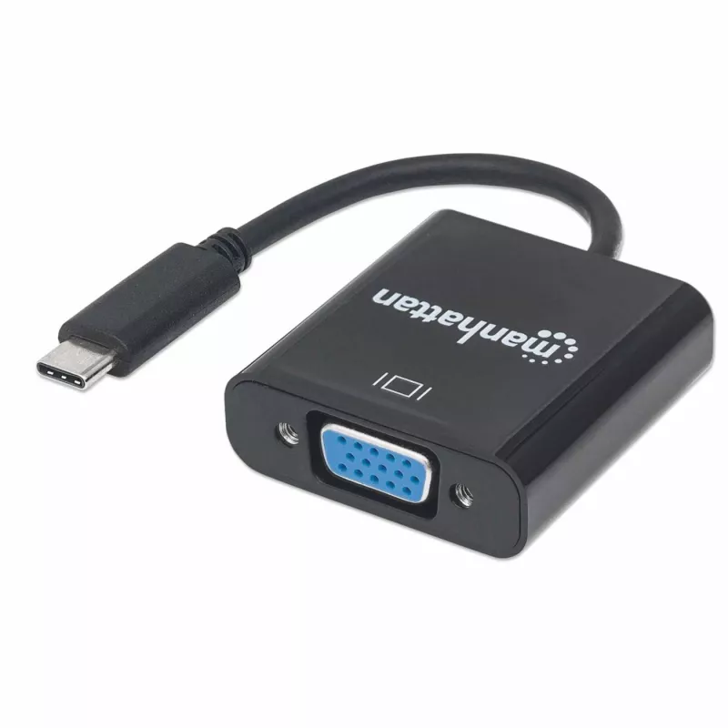 Manhattan Kabel konwertera USB-C na VGA, 1080p@60Hz, czarny, 8 cm, wtyk na gniazdo, dożywotnia gwarancja, odpowiednik CDP2HD