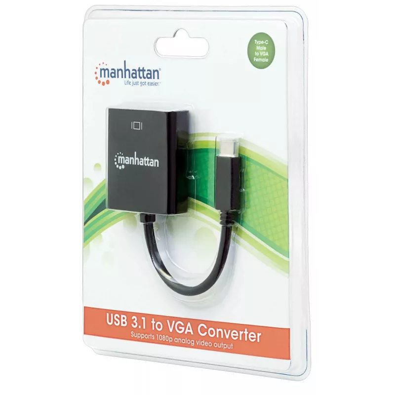 Manhattan Kabel konwertera USB-C na VGA, 1080p@60Hz, czarny, 8 cm, wtyk na gniazdo, dożywotnia gwarancja, odpowiednik CDP2HD