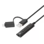Manhattan adapter kablowya audio stereo USB-C i USB-A na 3,5 mm, 2 w 1, męski na żeński, kabel 1 m, obsługa mikrofonu i dźwięku zestawu słuchawkowego, standard CTIA, regulacja głośności i wyciszanie, czarny