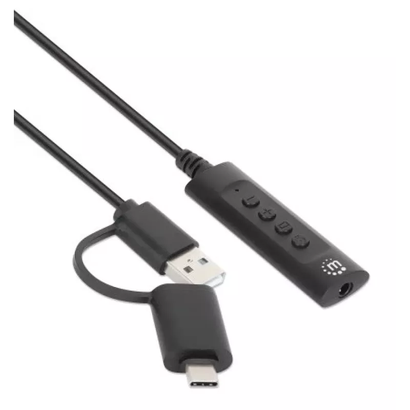 Manhattan adapter kablowya audio stereo USB-C i USB-A na 3,5 mm, 2 w 1, męski na żeński, kabel 1 m, obsługa mikrofonu i dźwięku zestawu słuchawkowego, standard CTIA, regulacja głośności i wyciszanie, czarny