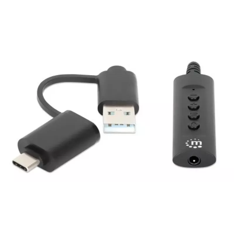 Manhattan adapter kablowya audio stereo USB-C i USB-A na 3,5 mm, 2 w 1, męski na żeński, kabel 1 m, obsługa mikrofonu i dźwięku zestawu słuchawkowego, standard CTIA, regulacja głośności i wyciszanie, czarny