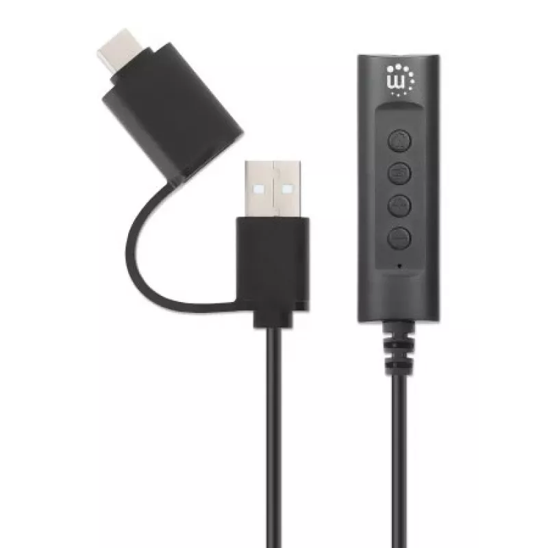 Manhattan adapter kablowya audio stereo USB-C i USB-A na 3,5 mm, 2 w 1, męski na żeński, kabel 1 m, obsługa mikrofonu i dźwięku zestawu słuchawkowego, standard CTIA, regulacja głośności i wyciszanie, czarny