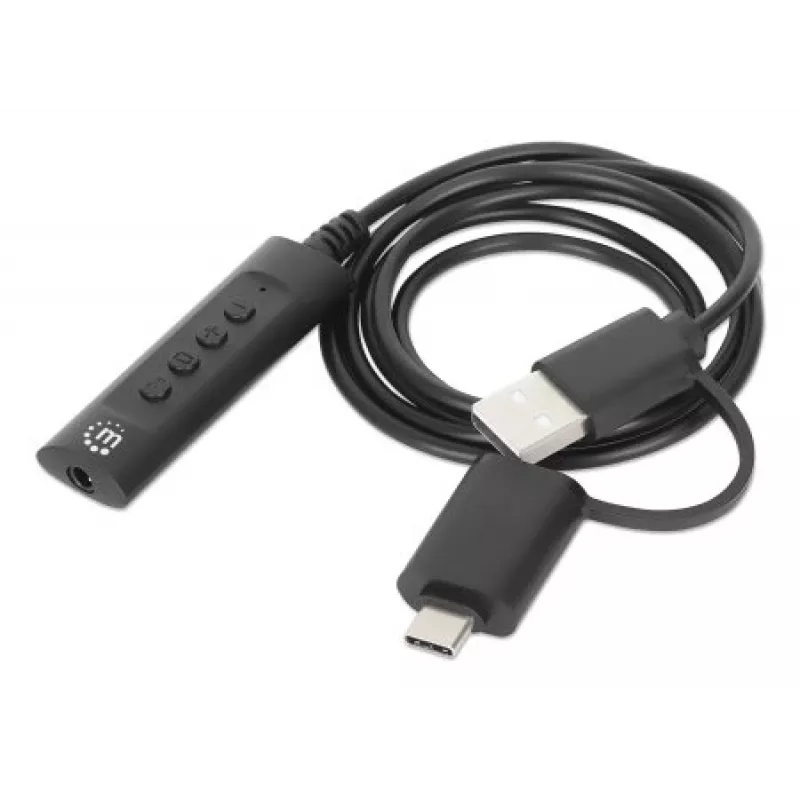 Manhattan adapter kablowya audio stereo USB-C i USB-A na 3,5 mm, 2 w 1, męski na żeński, kabel 1 m, obsługa mikrofonu i dźwięku zestawu słuchawkowego, standard CTIA, regulacja głośności i wyciszanie, czarny